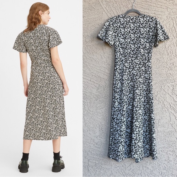 LEVI’S NWT Black White & Yellow Ditsy Floral Printed Button Down 90s Midi Dress - Picture 4 of 11